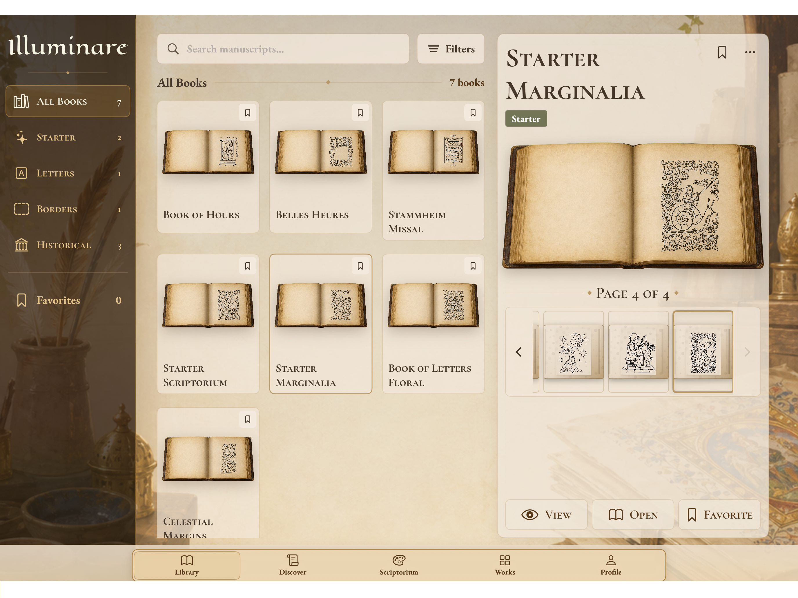 Starter Marginalia selected in the Library with an uncolored Snail Knight page preview.