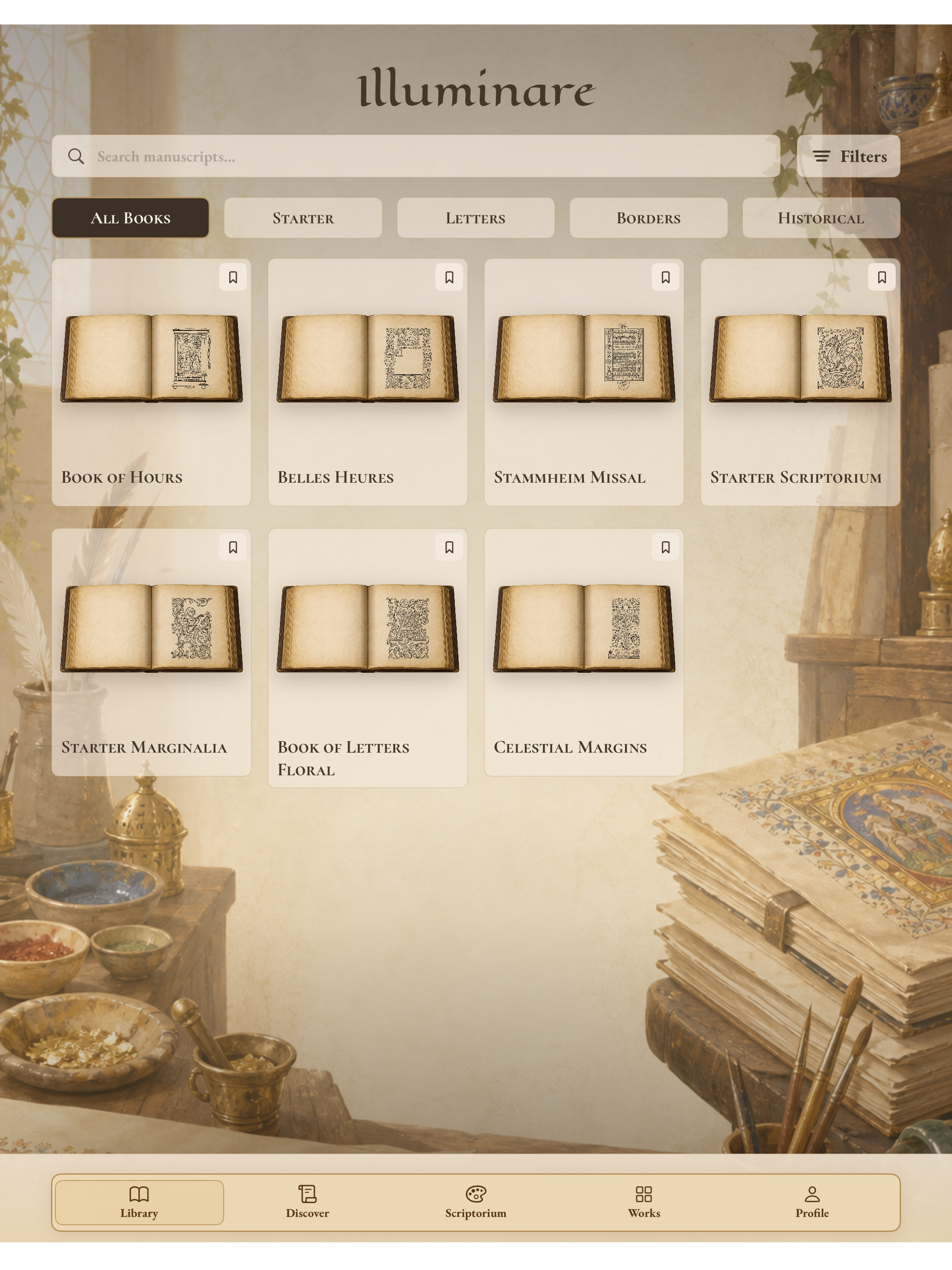 Illuminare Library on iPad in portrait orientation showing the book collection before a book is selected.