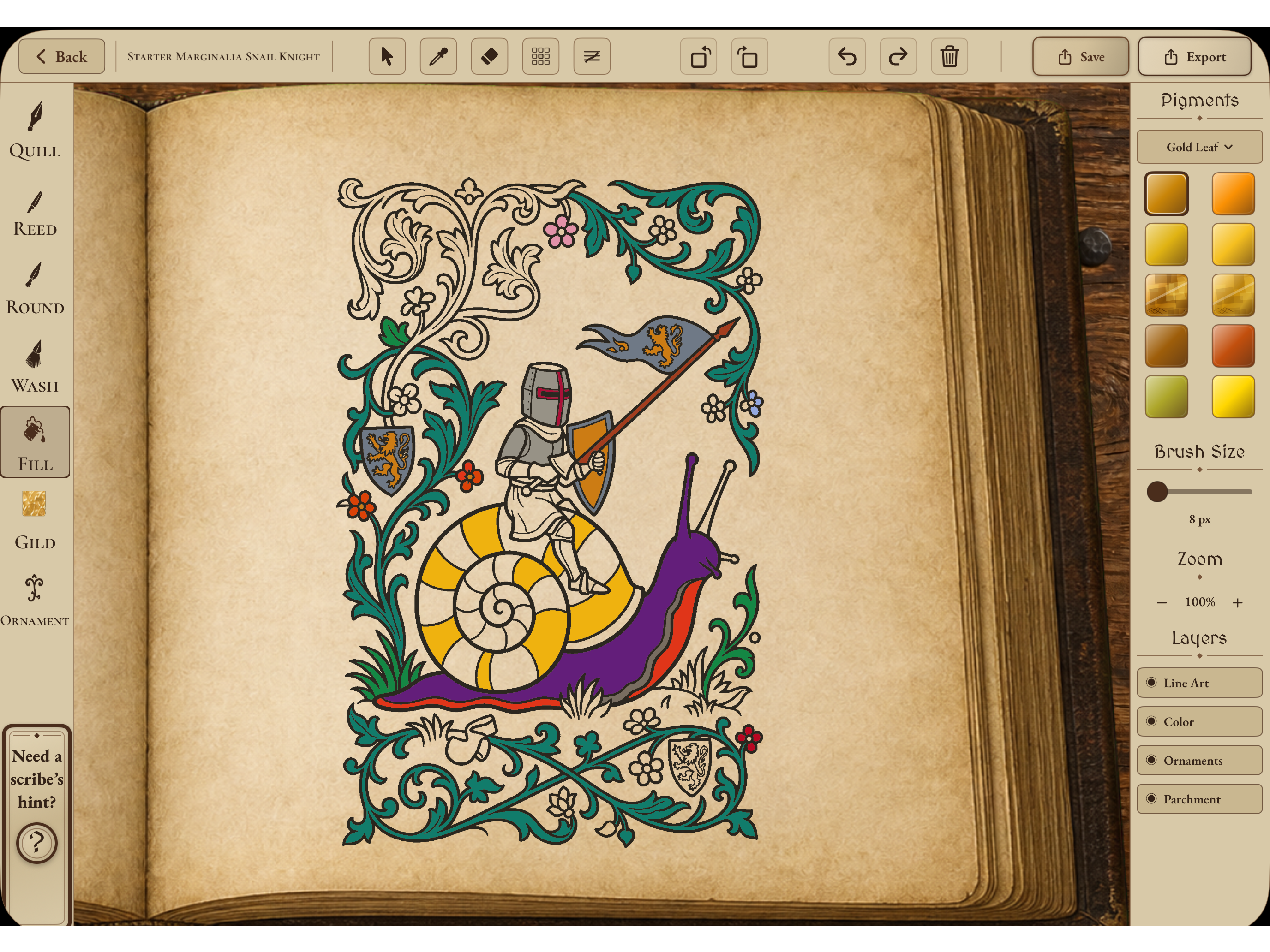 A partially colored Snail Knight page open in the Illuminare Scriptorium with its creative tools visible.