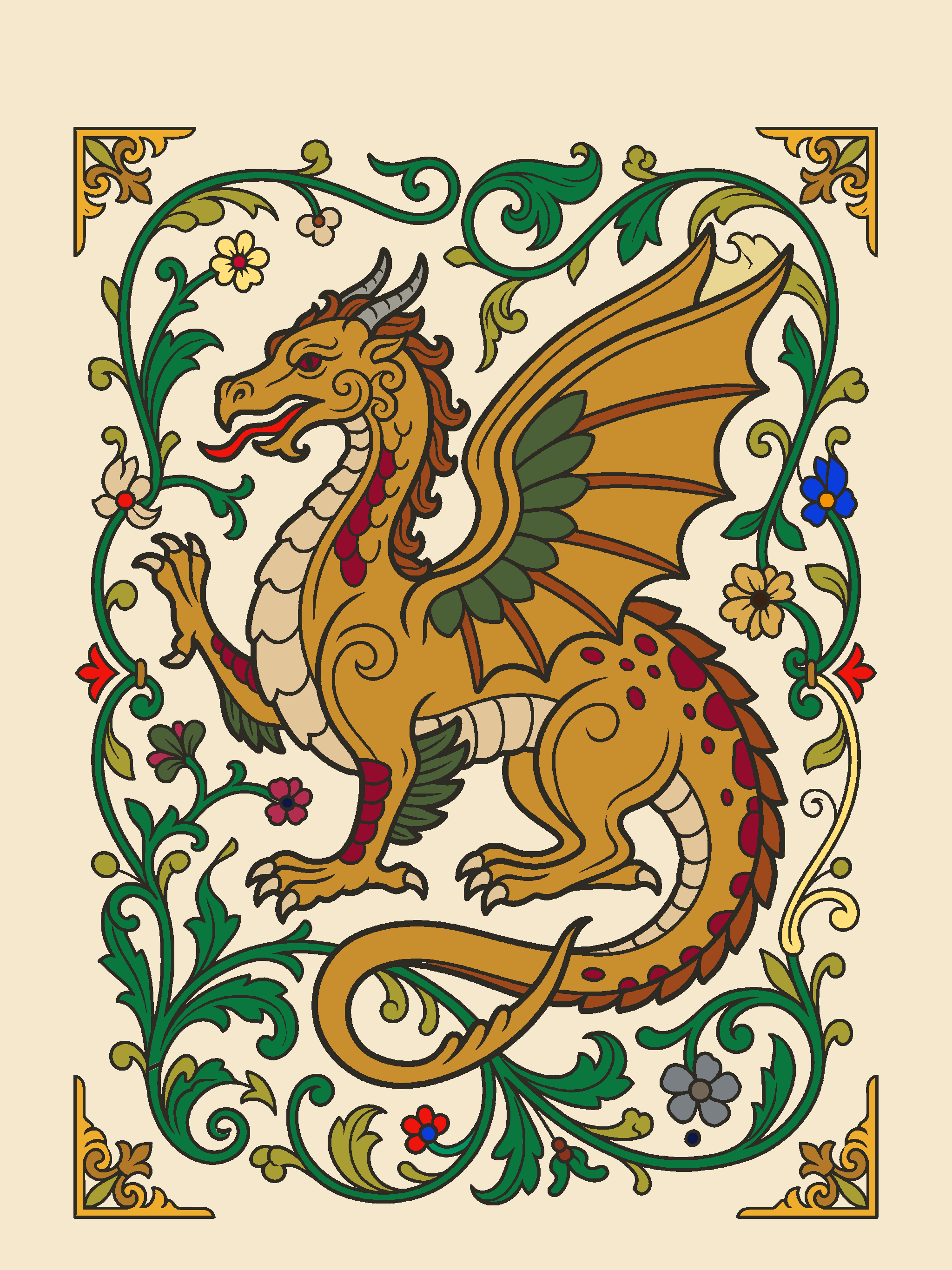 A completed golden dragon page colored in Illuminare.